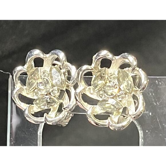 BSK Designer Signed Vintage Omega Lever Back Clip Round Rhinestone Earrings - Picture 1 of 16